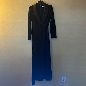 Long Sleeve Satin Shawl Collar V Neck Tuxedo Faux Wrap Gown by Eliza J